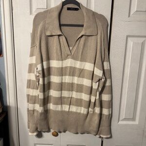 Zesica Cream and White Striped Collared Long Sleeve Sweater. - Size XL